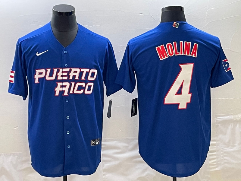 Men's Puerto Rico Baseball #4 Yadier Molina 2023 Royal World Baseball Classic Stitched Jersey